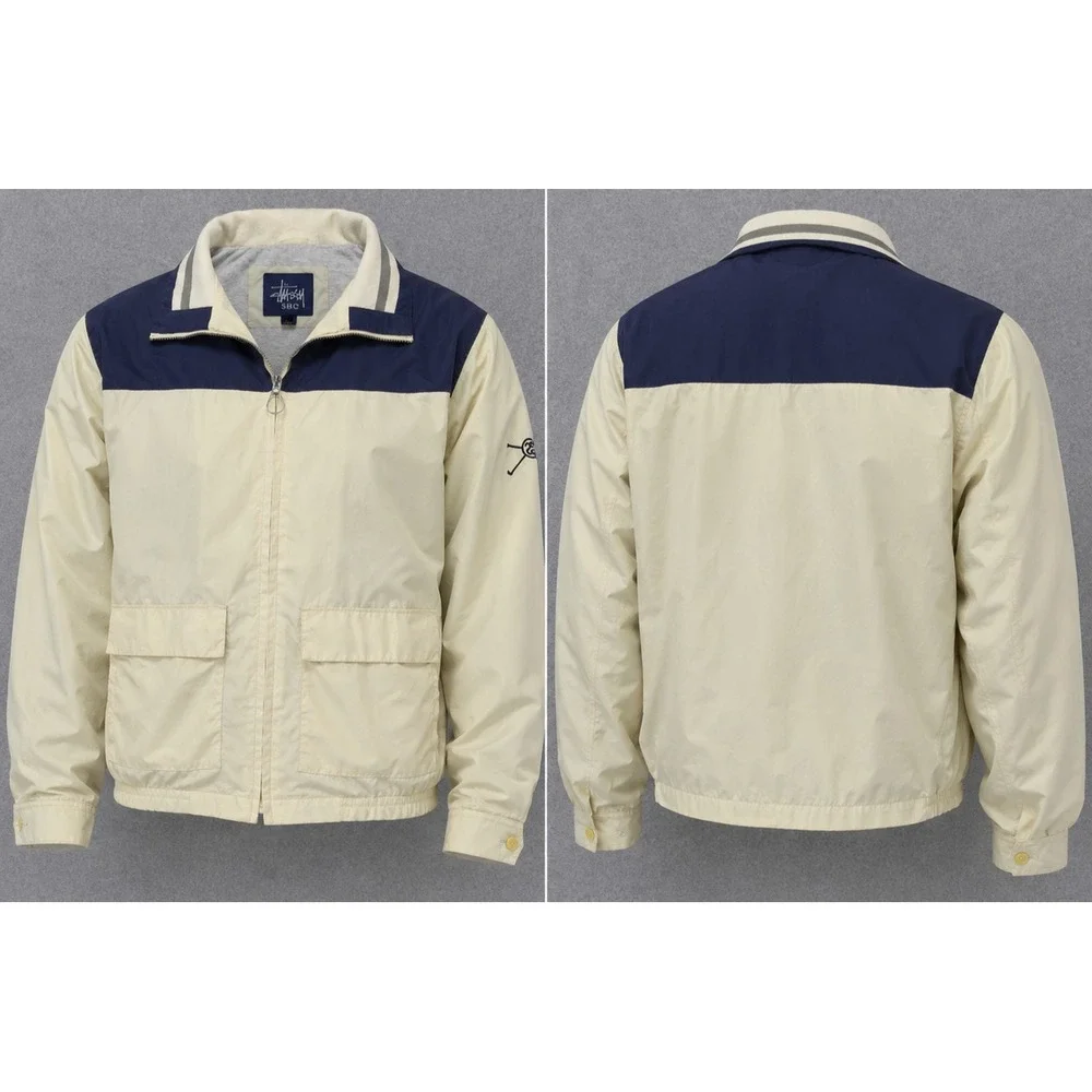 Vintage Stussy 8 Ball Jacket Mens M Cream Navy Color block Y2K Streetwear